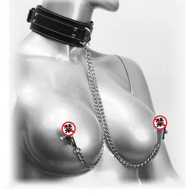 Leather chocker Neck Collar with Nipple Clamps chain