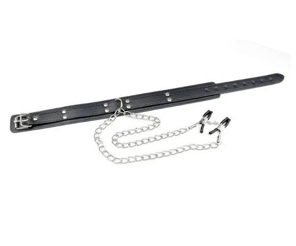 Leather chocker Neck Collar with Nipple Clamps chain