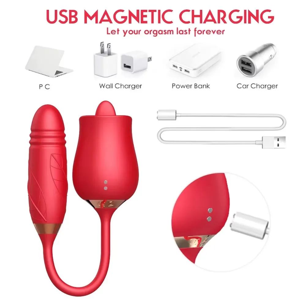 Rose Vibrator with Thrusting Dildo. USB Magnetic Charging | Rechargeable Rose